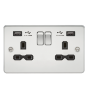 Knightsbridge Flat plate 2G switched socket with dual USB charger (2.4A) (Chrome)
